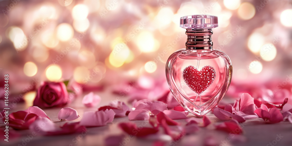A bottle of pink perfume with a heart-shaped logo, surrounded by rose petals and soft lighting A bottle of pink perfume with a heart-shaped logo, surrounded by rose petals and soft lighting