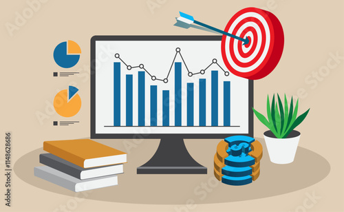 A data-driven performance overview with a target, charts, books, coins, and a monitor reflecting focus on goals and success.