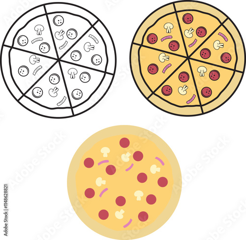 Whole pizza cut into slices with pepperoni, mushrooms and onions. Isolated vector illustration.