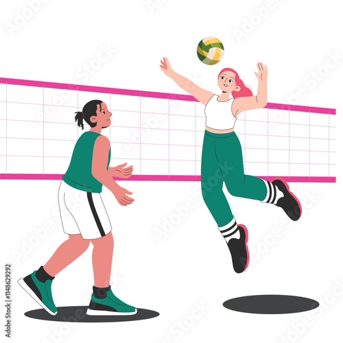vector activity of two people practicing volleyball movements