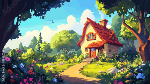 Cozy cottage nestled in a vibrant garden surrounded by lush trees and flowers beneath a bright sky