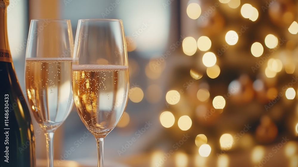 Two champagne glasses with a festive background and Christmas tree lights. Two champagne glasses with a festive background and Christmas tree lights.