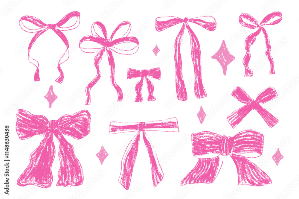 Crayon bow, ribbon set with sparkles. Chalk drawing y2k bands. Pink coquette aesthetic bowknots. Girly present elements. Vector illustration isolated on white background. Crayon bow, ribbon set with sparkles. Chalk drawing y2k bands. Pink coquette aesthetic bowknots. Girly present elements. Vector illustration isolated on white background.