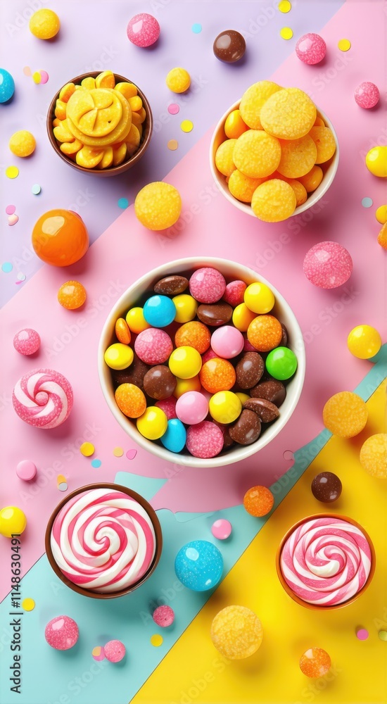 Many different candies and candys in bowls on a colorful surface Many different candies and candys in bowls on a colorful surface