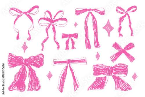 Crayon bow, ribbon set with sparkles. Chalk drawing y2k bands. Pink coquette aesthetic bowknots. Girly present elements. Vector illustration isolated on white background.