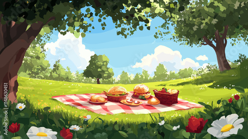 Bright sunny day picnic on a checkered blanket under green trees with delicious food and flowers