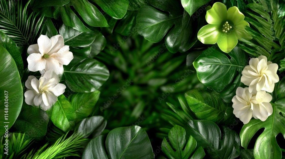 Obraz premium Lush Tropical Foliage with White and Green Flowers - Exotic Floral Background