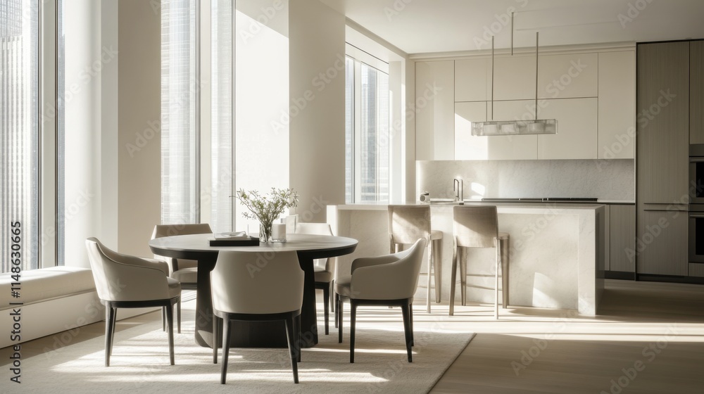 Fototapeta premium Modern minimalist breakfast nook with clean, cozy design. Featuring neutral tones and sleek furnishings