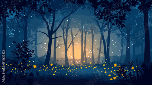 Enchanting twilight forest with glowing flowers and a warm sunset in the distance