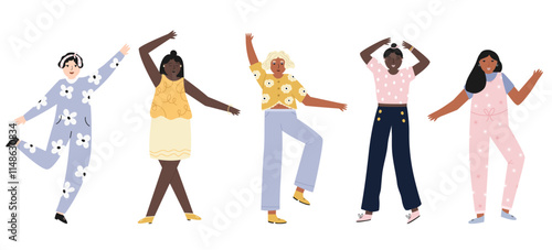 Vector set of happy dancing girls, having fun and enjoying themselves. Colorful flat illustrations on white background