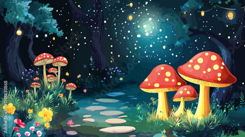 Enchanted forest pathway illuminated by fireflies and colorful mushrooms at night