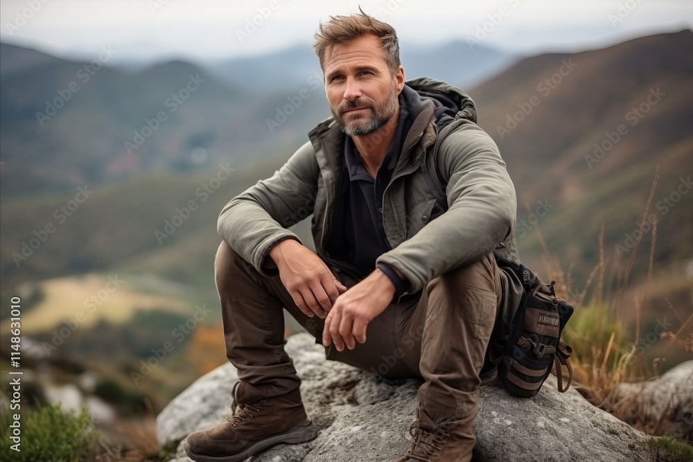 Handsome mature man with backpack sitting on a rock in the mountains Handsome mature man with backpack sitting on a rock in the mountains