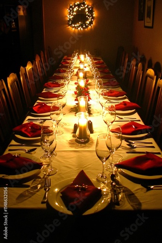 Romantic Candlelit Christmas Dinner Table Setting photo