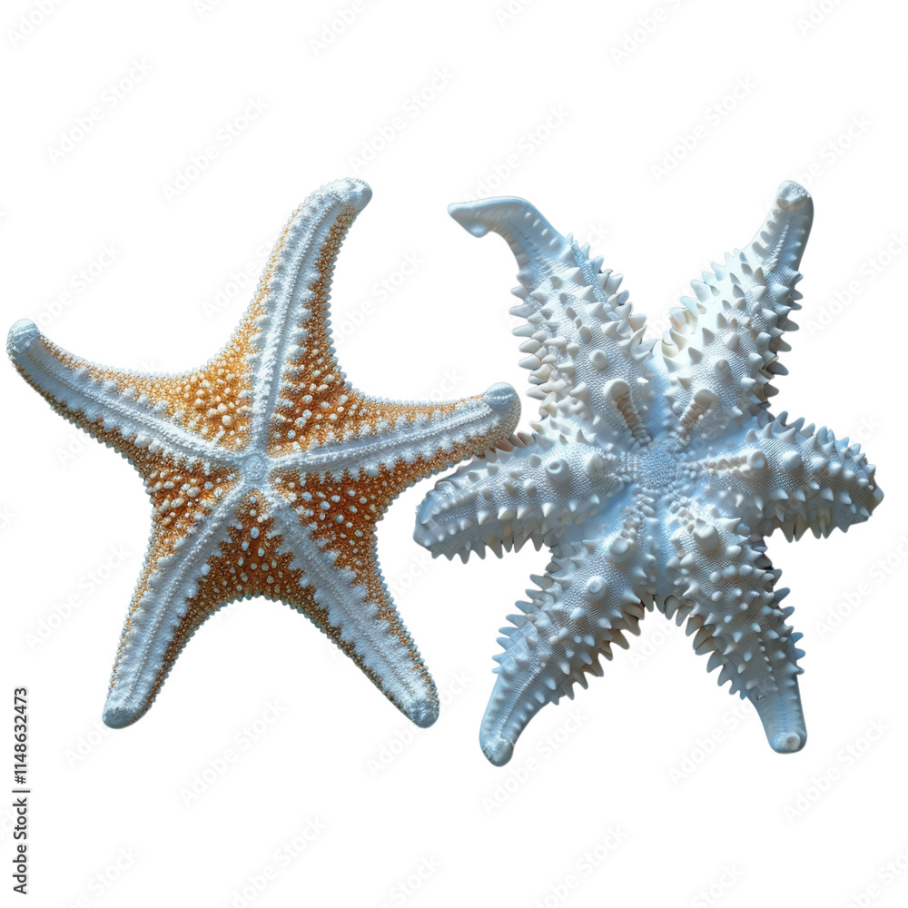 Two starfish, one white and one orange, are placed next to each other Two starfish, one white and one orange, are placed next to each other
