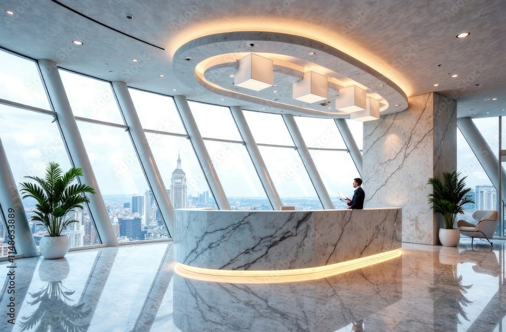 Fototapeta premium Curved marble reception counter is standing in an office hall with panoramic windows with triangular frames and squarish ceiling lamps. Futuristic design