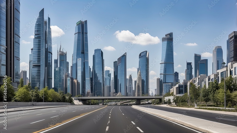 Wide asphalt road flowing across a modern cityscape with sleek skyscrapers and glass towers in the background; city streets, modern city, cityscape, urban landscape, highway. Wide asphalt road flowing across a modern cityscape with sleek skyscrapers and glass towers in the background; city streets, modern city, cityscape, urban landscape, highway.