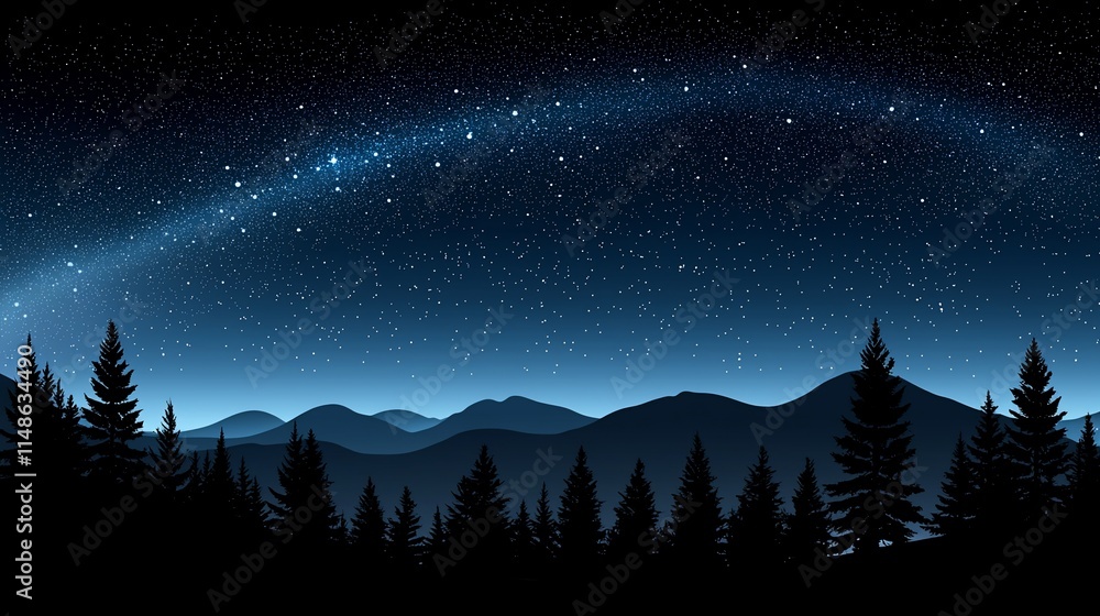 Naklejka premium Majestic night sky over silhouetted mountains and forest.