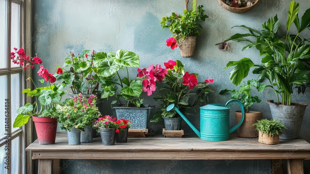 Vibrant indoor plants in various pots on rustic wooden table near window. Vibrant indoor plants in various pots on rustic wooden table near window.
