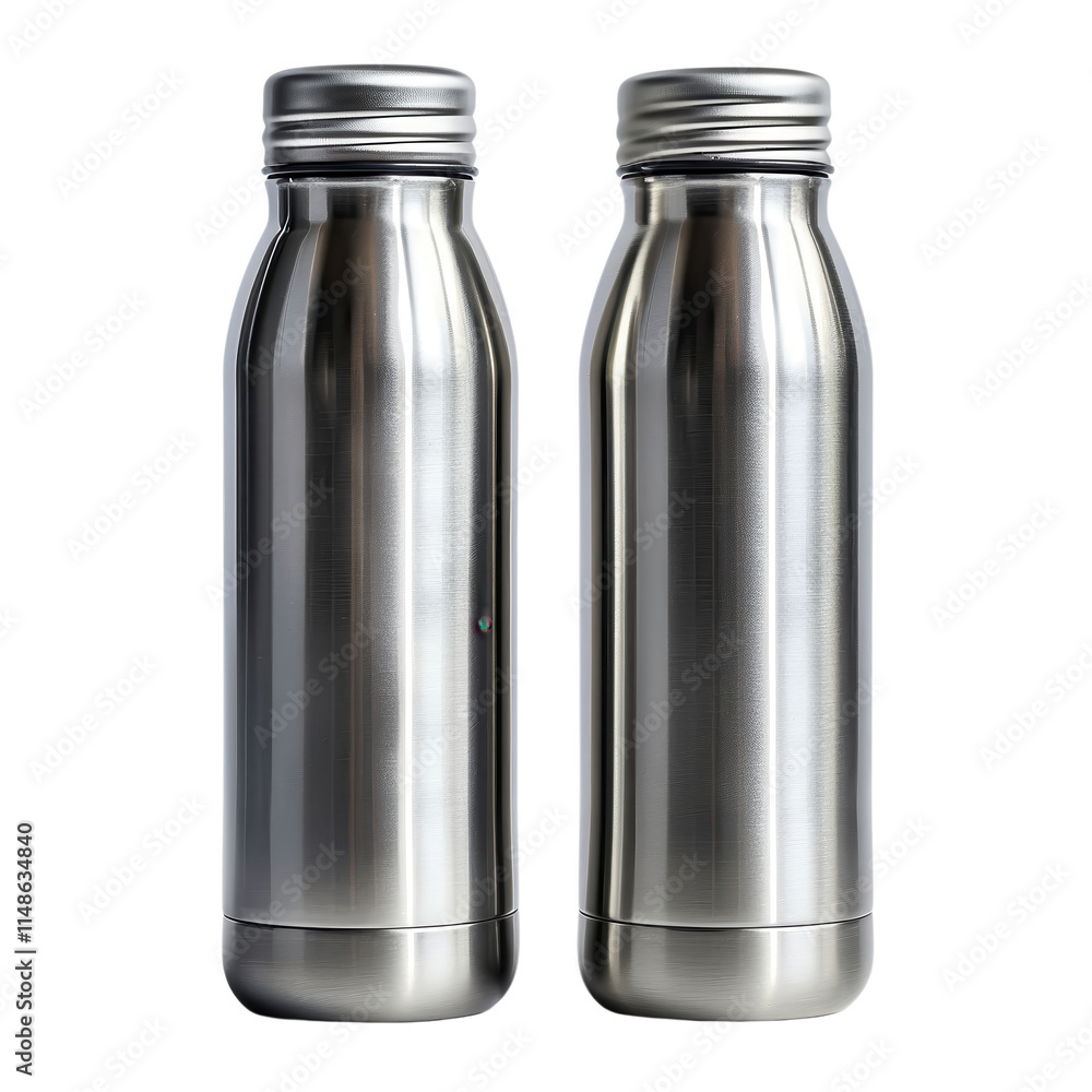 Two silver metal bottles with lids Two silver metal bottles with lids