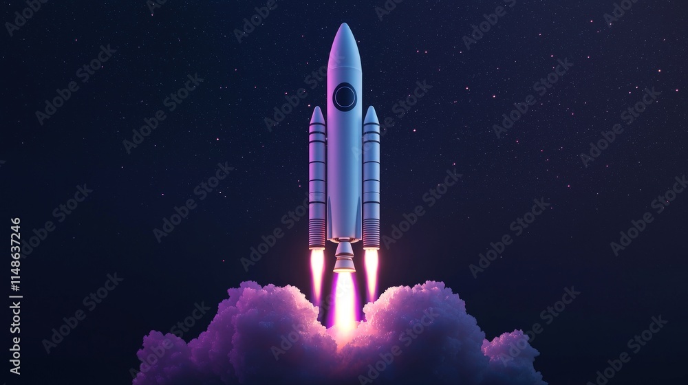 Obraz premium Rocket launching into space, fiery trail, dark background.