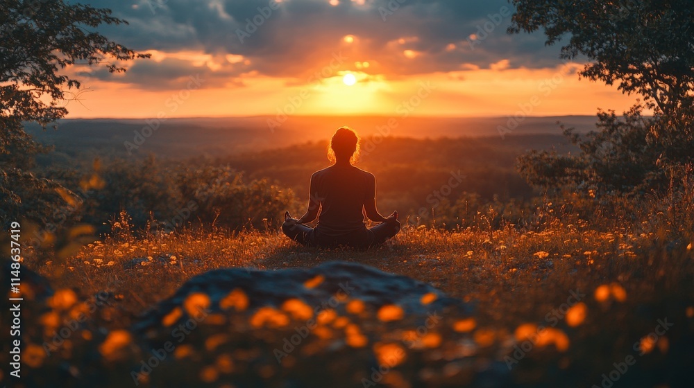 A tranquil scene of a person meditating at sunset, surrounded by nature, embodying peace, reflection, and the beauty of mindfulness in the evening light. A tranquil scene of a person meditating at sunset, surrounded by nature, embodying peace, reflection, and the beauty of mindfulness in the evening light.