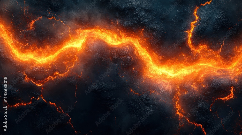Fototapeta premium Molten lava flows through dark volcanic rock.