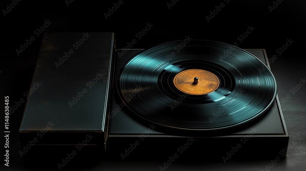 Sleek black vinyl record, case. Modern design on dark background. Classic audio object. Retro music lover style. Minimalist aesthetic for music collection. Elegant, simple design. Vintage music