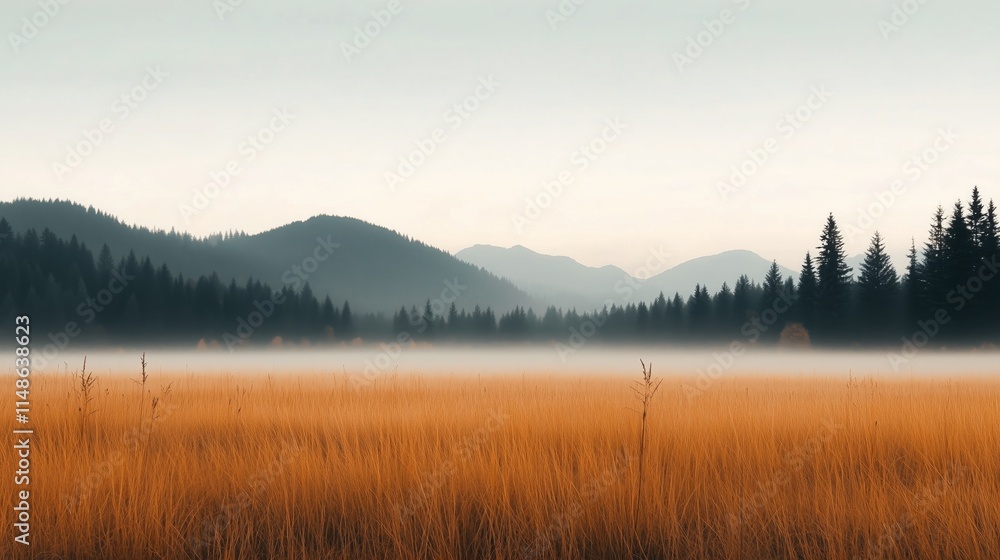 Fototapeta premium At dawn, a fog envelops a serene field, with only hints of golden grass peeking through the mist