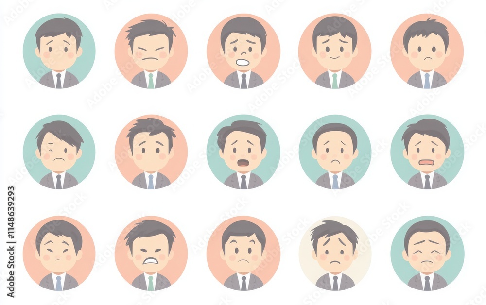 A collection of businessman faces with various emotions such as joy, sadness, and contemplation. These are flat vector illustrations in a pastel color scheme A collection of businessman faces with various emotions such as joy, sadness, and contemplation. These are flat vector illustrations in a pastel color scheme
