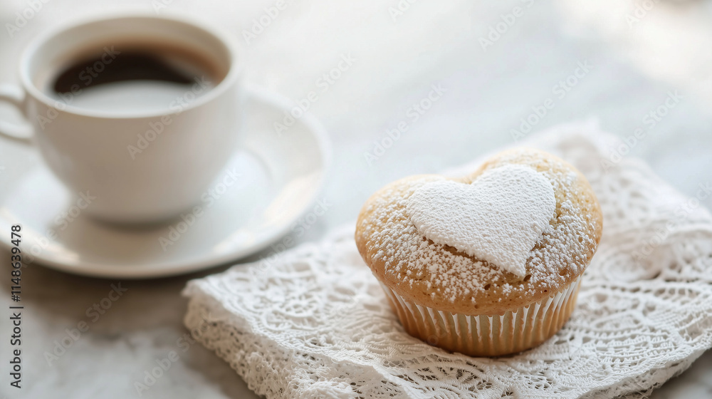 Heart Shaped Muffin with Coffee on Lace Napkin Heart Shaped Muffin with Coffee on Lace Napkin