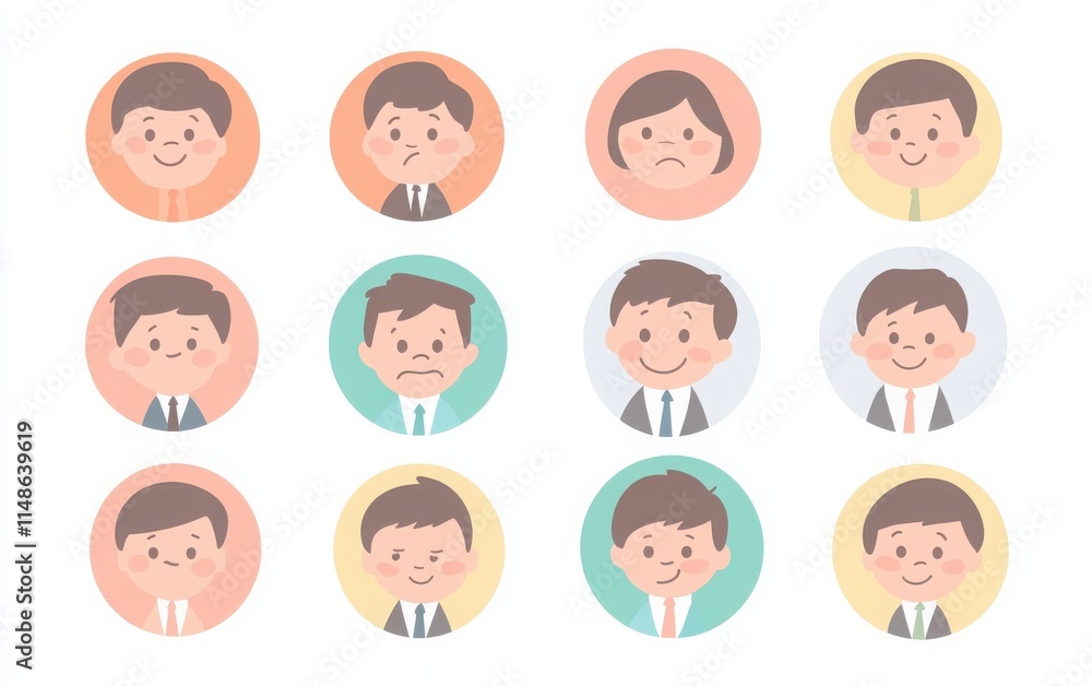 A collection of businessman faces with various emotions such as joy, sadness, and contemplation. These are flat vector illustrations in a pastel color scheme A collection of businessman faces with various emotions such as joy, sadness, and contemplation. These are flat vector illustrations in a pastel color scheme