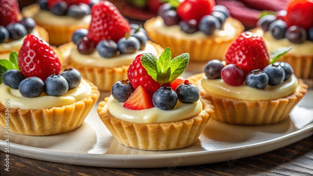 Aerial View: Delicious Sweet Tartlets with Berries & Cream in Restaurant Aerial View: Delicious Sweet Tartlets with Berries & Cream in Restaurant