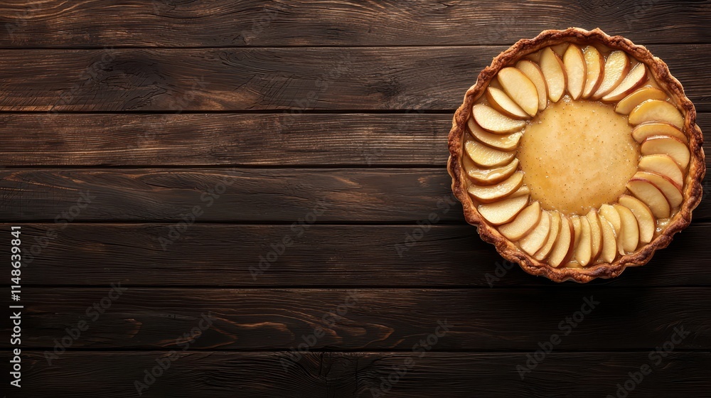 Delicious Apple Tart with Sliced Apples on Rustic Wooden Table Delicious Apple Tart with Sliced Apples on Rustic Wooden Table