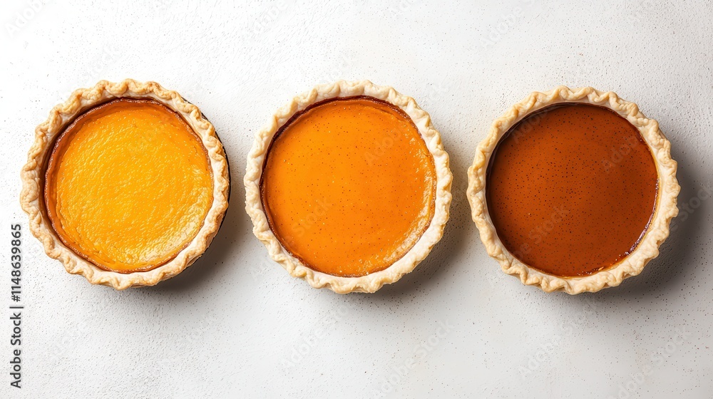 Assorted Pumpkin Pies in Crusts With Vibrant Filling Colors Assorted Pumpkin Pies in Crusts With Vibrant Filling Colors