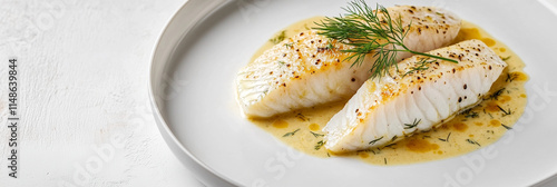 Succulent roasted haddock fillets with lemon dill sauce on white plate