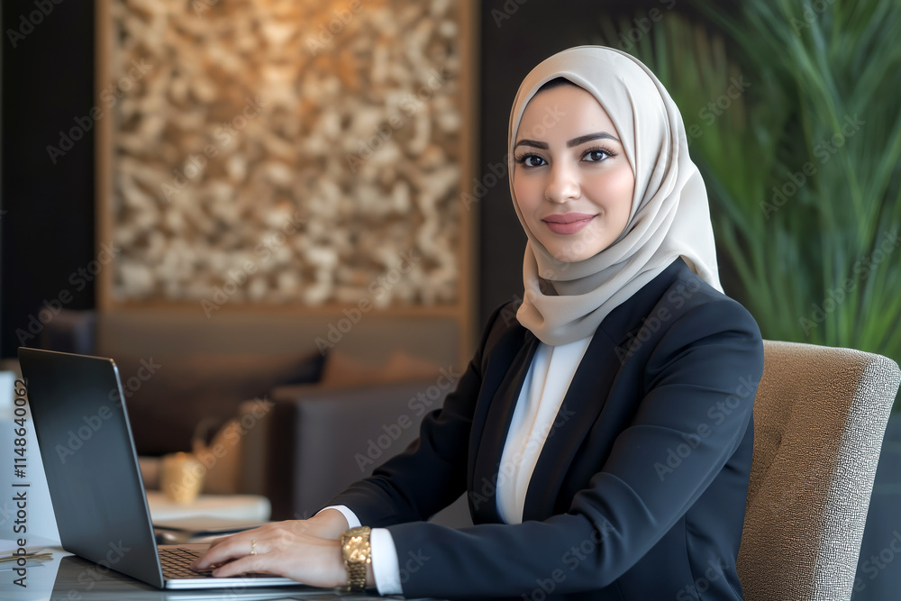 Elegant Arab woman wearing a hijab and business suit sitting in a modern office with a laptop. Elegant Arab woman wearing a hijab and business suit sitting in a modern office with a laptop.