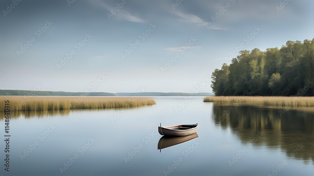 A small boat drifting gently on a serene river surrounded by lush greenery and calm waters