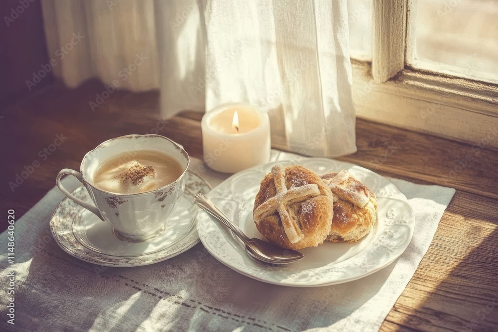 Minimalist English Easter tea setup with porcelain, hot cross buns, and soft candlelight Minimalist English Easter tea setup with porcelain, hot cross buns, and soft candlelight