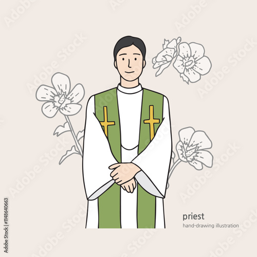 An illustration of a priest standing with his hands together