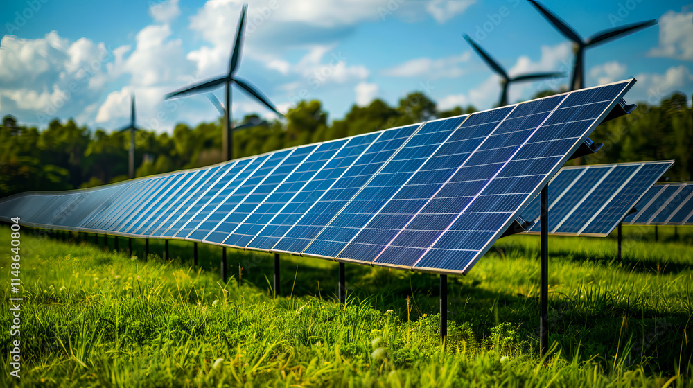 Close-up view of solar panels and wind turbines in a sunny landscape showcasing sustainable energy solutions Close-up view of solar panels and wind turbines in a sunny landscape showcasing sustainable energy solutions