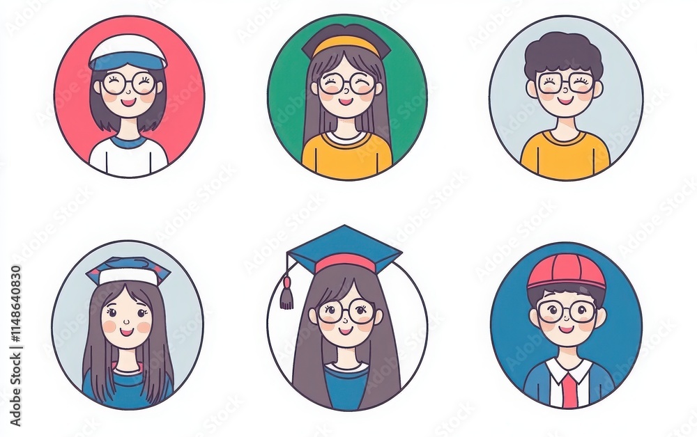 A set of cute and simple circular icons of female college students in flat vector design. The characters have white skin, happy faces, and either glasses or head accessories. A set of cute and simple circular icons of female college students in flat vector design. The characters have white skin, happy faces, and either glasses or head accessories.