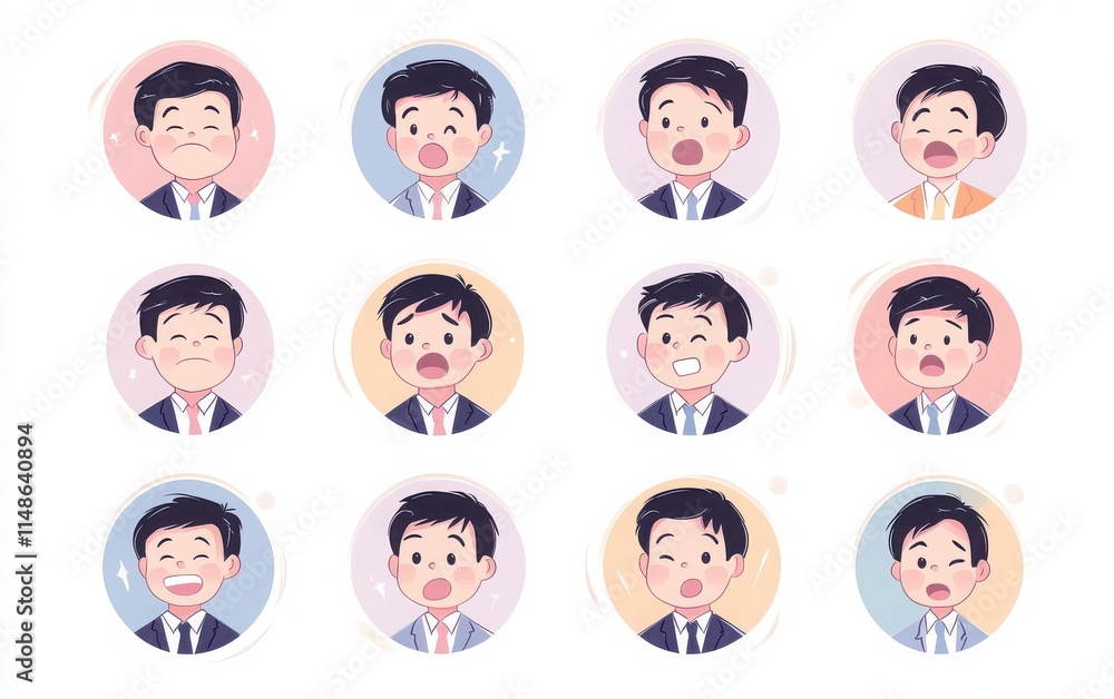 A set of cute businessman faces in different emotions, including happiness, frustration, and surprise. The icons are flat vector illustrations with a pastel color palette A set of cute businessman faces in different emotions, including happiness, frustration, and surprise. The icons are flat vector illustrations with a pastel color palette