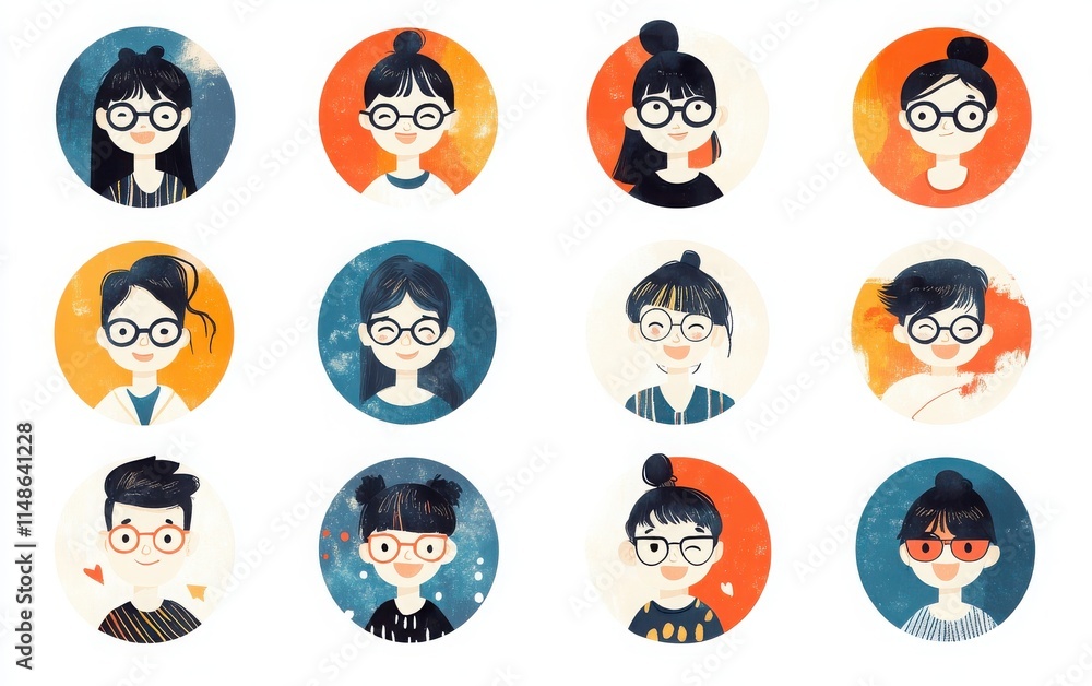 A set of simple and cute circular character icons featuring female college students with white skin tones, happy faces, and wearing glasses or hair accessories. A set of simple and cute circular character icons featuring female college students with white skin tones, happy faces, and wearing glasses or hair accessories.