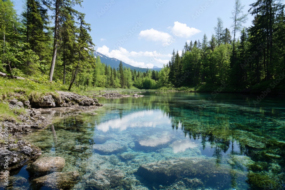Serene lake surrounded by lush greenery and mountains under a blue sky. Serene lake surrounded by lush greenery and mountains under a blue sky.