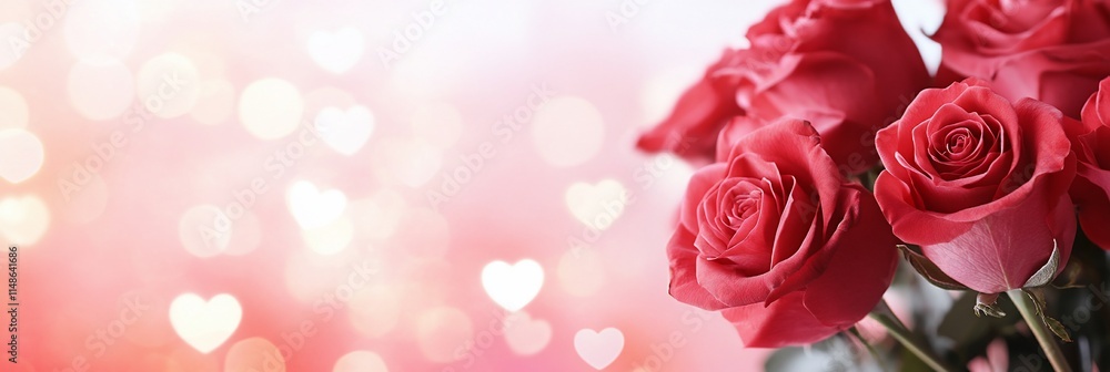 A bouquet of red roses against a soft, heart-themed background. A bouquet of red roses against a soft, heart-themed background.