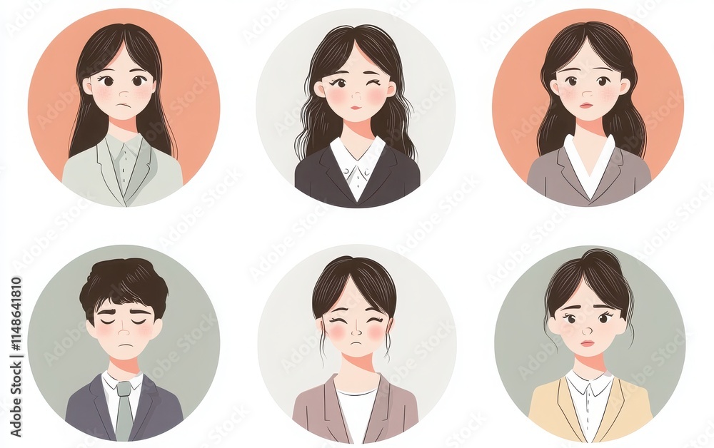 Set of six circular avatars illustrating Japanese women in professional attire. The design features flat vector graphics in pastel colors Set of six circular avatars illustrating Japanese women in professional attire. The design features flat vector graphics in pastel colors