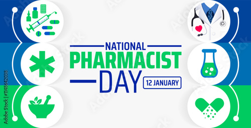 National Pharmacist day background banner or poster design template. observed every year in January. Holiday concept. Use to any Template, card, poster, placard, template.