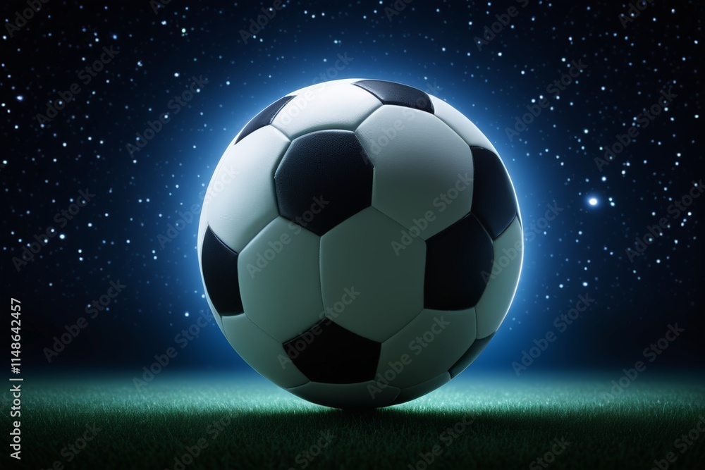 Naklejka premium soccer ball on grass field with stars in the background