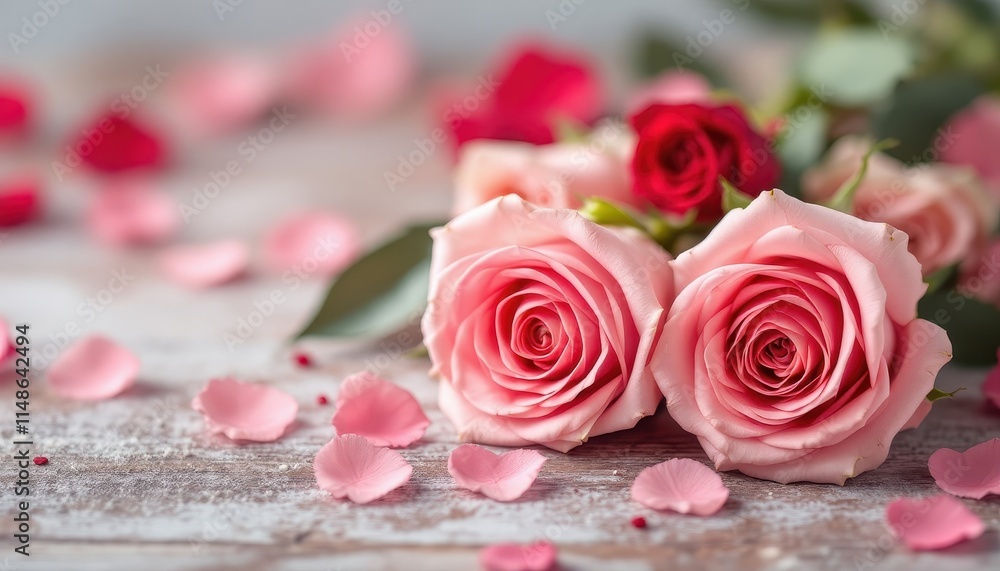 Romantic Pink Roses and Petals on Wooden Background: A Valentine's Day or Anniversary Delight Romantic Pink Roses and Petals on Wooden Background: A Valentine's Day or Anniversary Delight