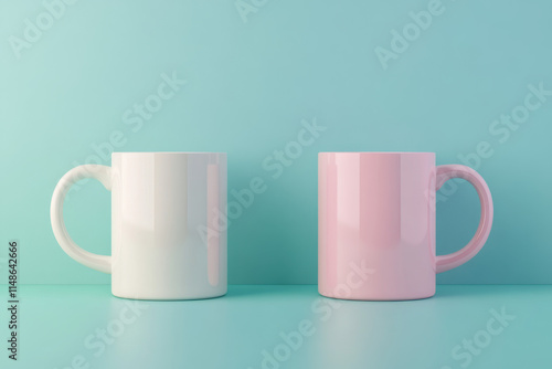 Two coffee mugs on pastel background, blue and pink contrast. photo